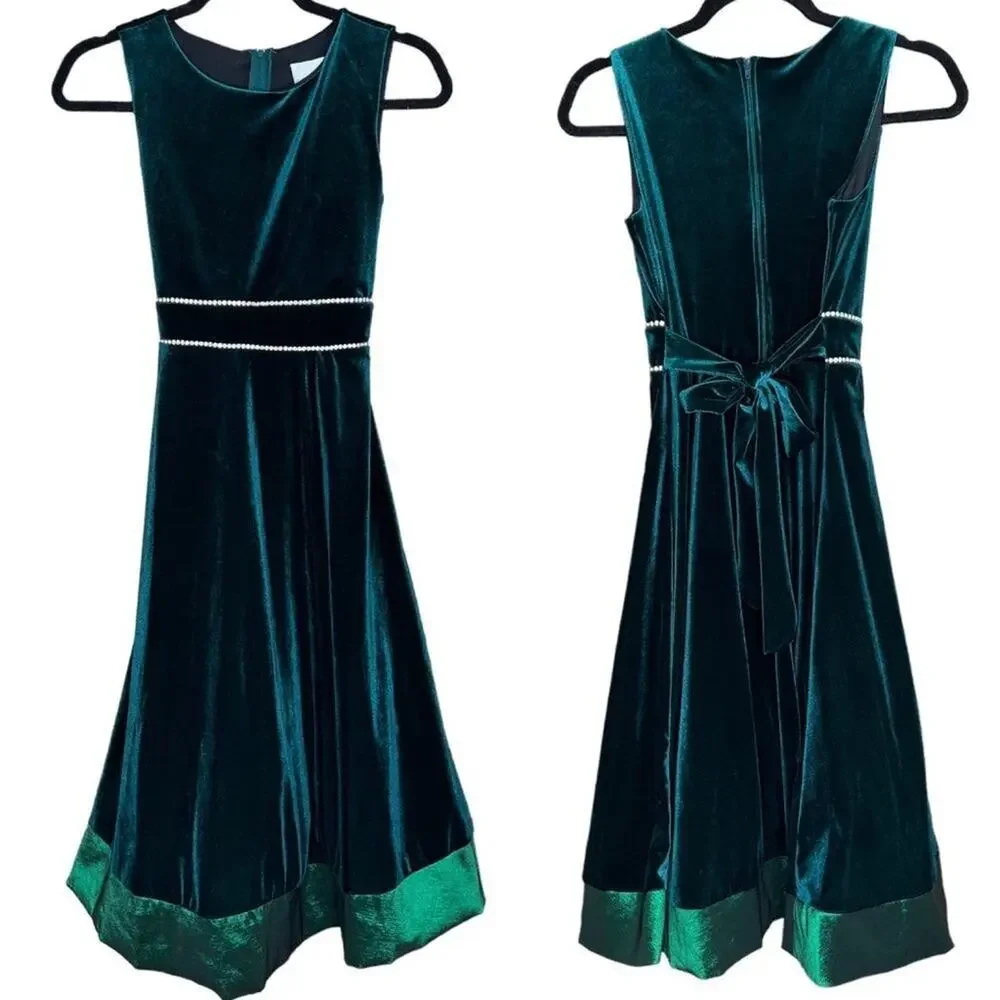 Rare Editions Girls Green Velvet Fit and Flare Holiday Christmas Dress Size 14